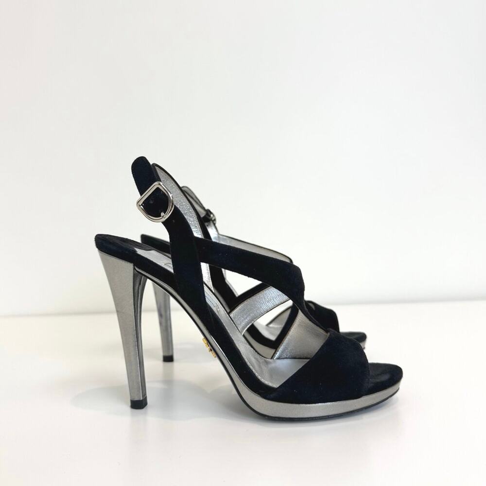 PRADA Black Suede Strappy Silver Buckle Heels 37 Stiletto Leather Sandal Shoes